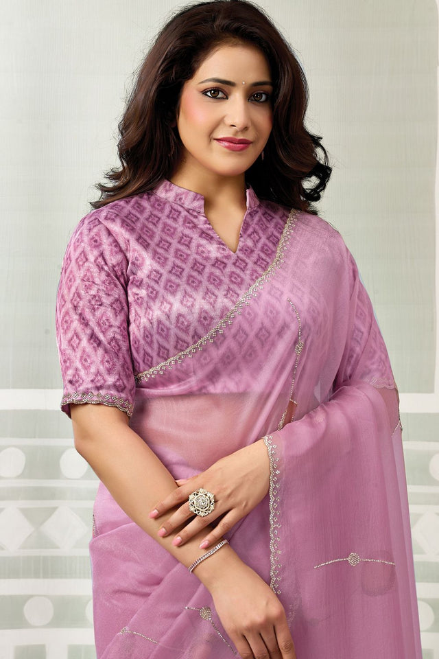 Pink Embroidered Organza Saree (ACB1335)