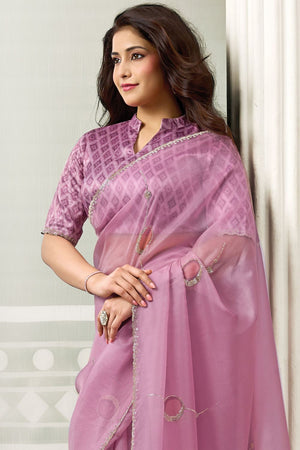 Pink Embroidered Organza Saree (ACB1335)