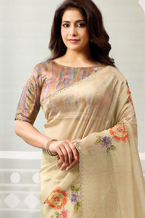 Brown Floral Printed with Embroidered Organza Saree (ACB1336)