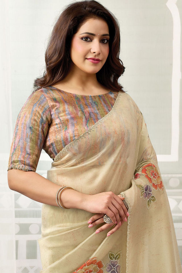 Brown Floral Printed with Embroidered Organza Saree (ACB1336)