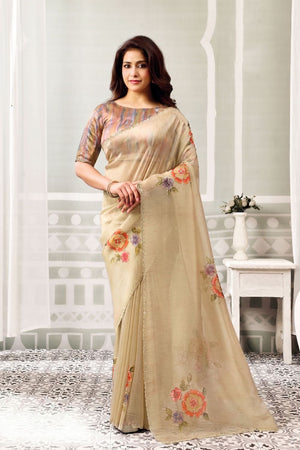 Brown Floral Printed with Embroidered Organza Saree (ACB1336)