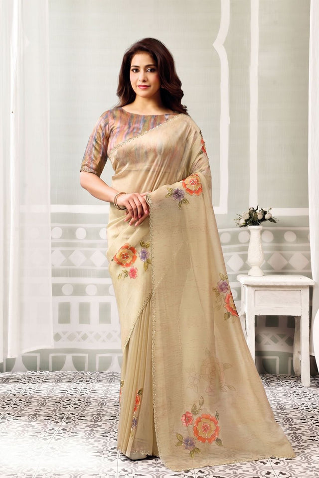 Brown Floral Printed with Embroidered Organza Saree (ACB1336)