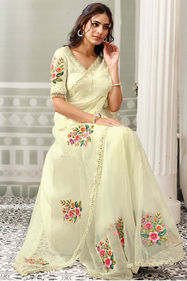 Cream Sequin with Floral Printed Organza Saree (ACB1337)