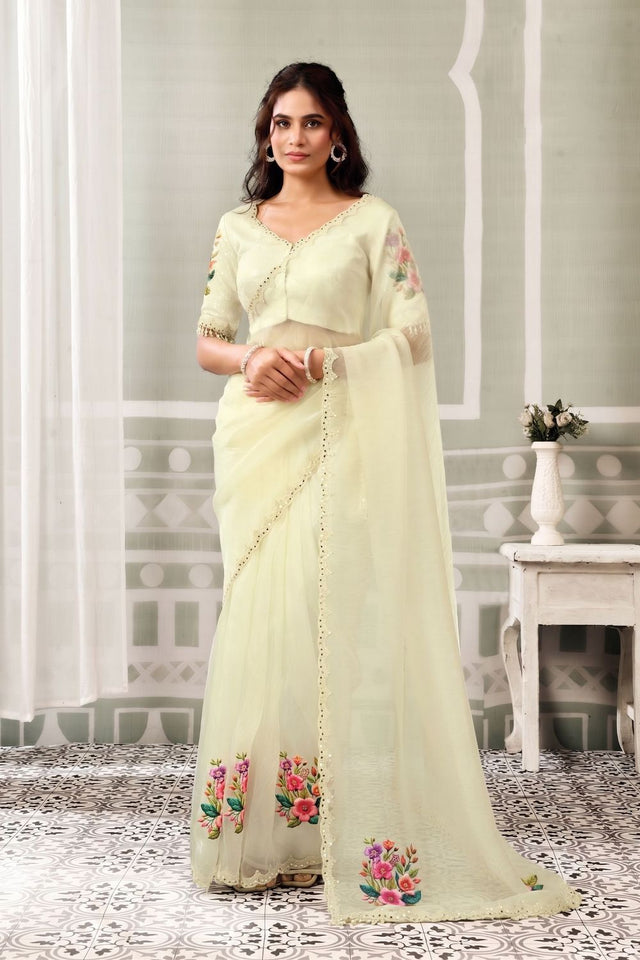 Cream Sequin with Floral Printed Organza Saree (ACB1337)