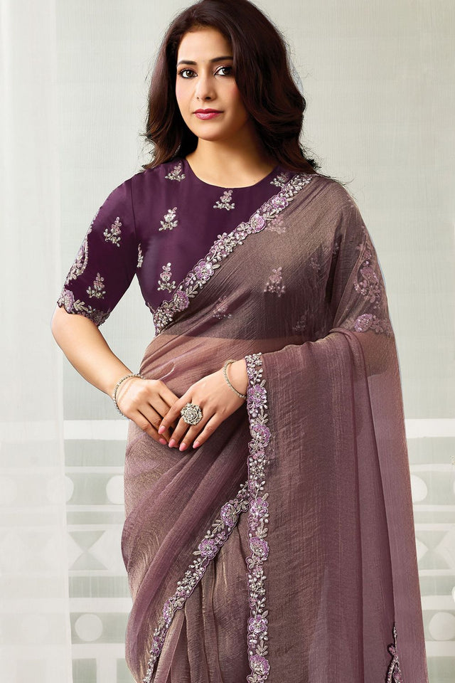 Wine Embroidered Organza Saree (ACB1339)