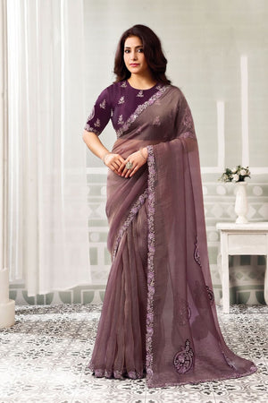 Wine Embroidered Organza Saree (ACB1339)