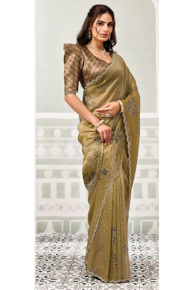 Mustard Embroidered Tissue Saree (ACB1340)