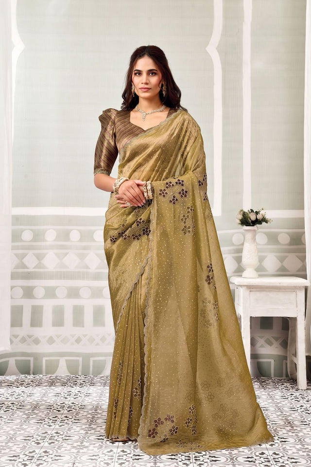 Mustard Embroidered Tissue Saree (ACB1340)