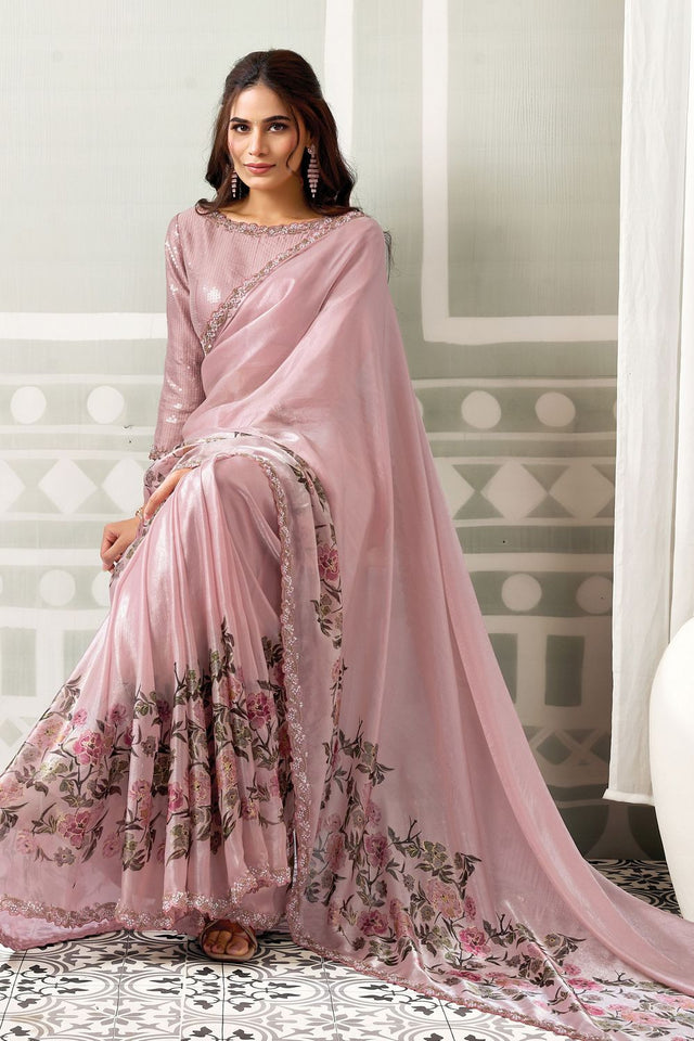Pink Floral Printed with Embellished Border Satin Saree (ACB1341)