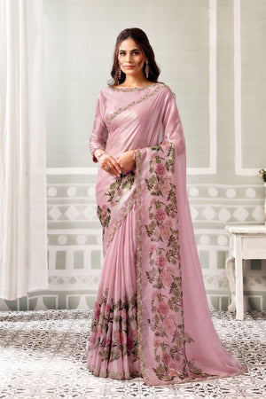 Pink Floral Printed with Embellished Border Satin Saree (ACB1341)