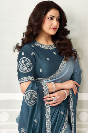 Blue Embellished Satin Silk Saree (ACB1342)