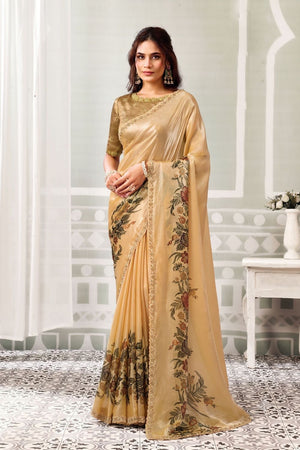 Mustard Printed with Embroidered Satin Silk Saree (ACB1344)