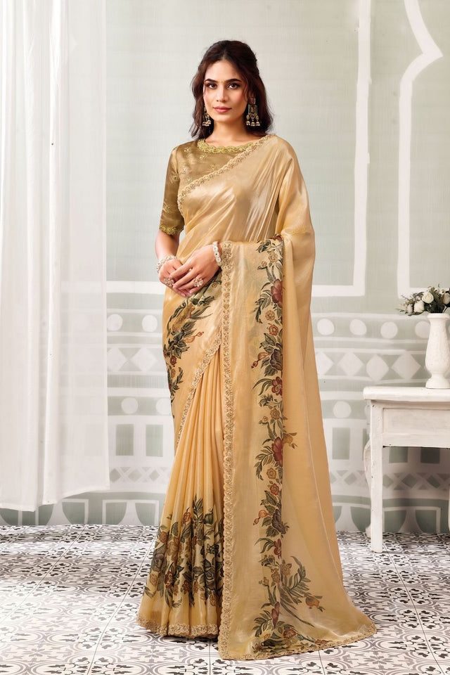 Mustard Printed with Embroidered Satin Silk Saree (ACB1344)