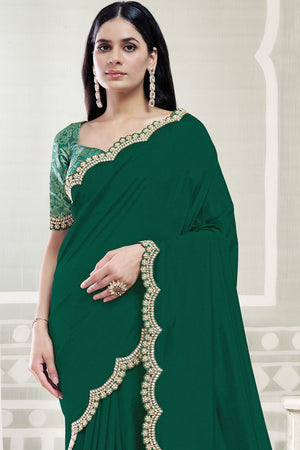 Green Solid with Embellished Border Silk Saree (ACB1346)