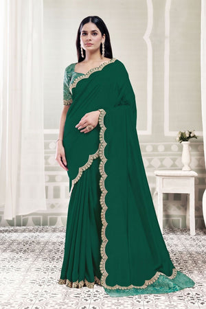 Green Solid with Embellished Border Silk Saree (ACB1346)