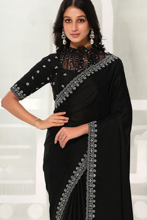 Black Embellished Satin Silk Saree (ACB1347)