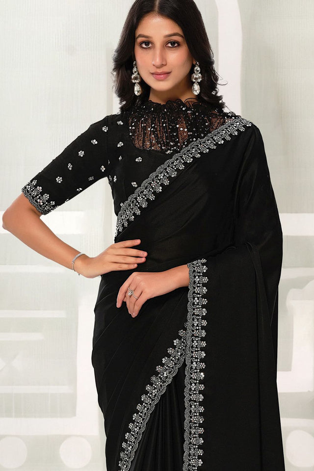 Black Embellished Satin Silk Saree (ACB1347)