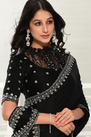 Black Embellished Satin Silk Saree (ACB1347)