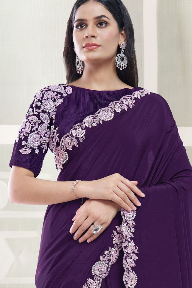 Purple Embellished Crepe Saree (ACB1348)