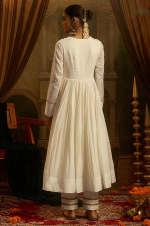 Off White Embroidered Cotton Anarkali Suit (ACB1349)