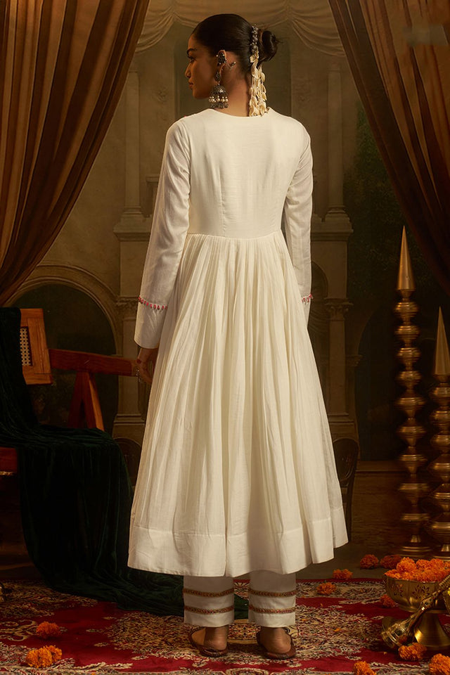 Off White Embroidered Cotton Anarkali Suit (ACB1349)