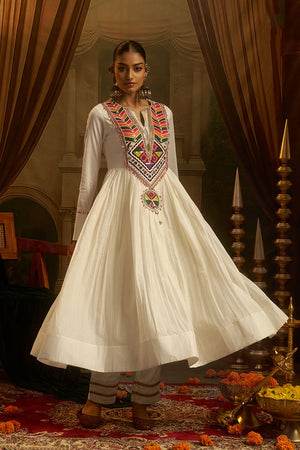 Off White Embroidered Cotton Anarkali Suit (ACB1349)