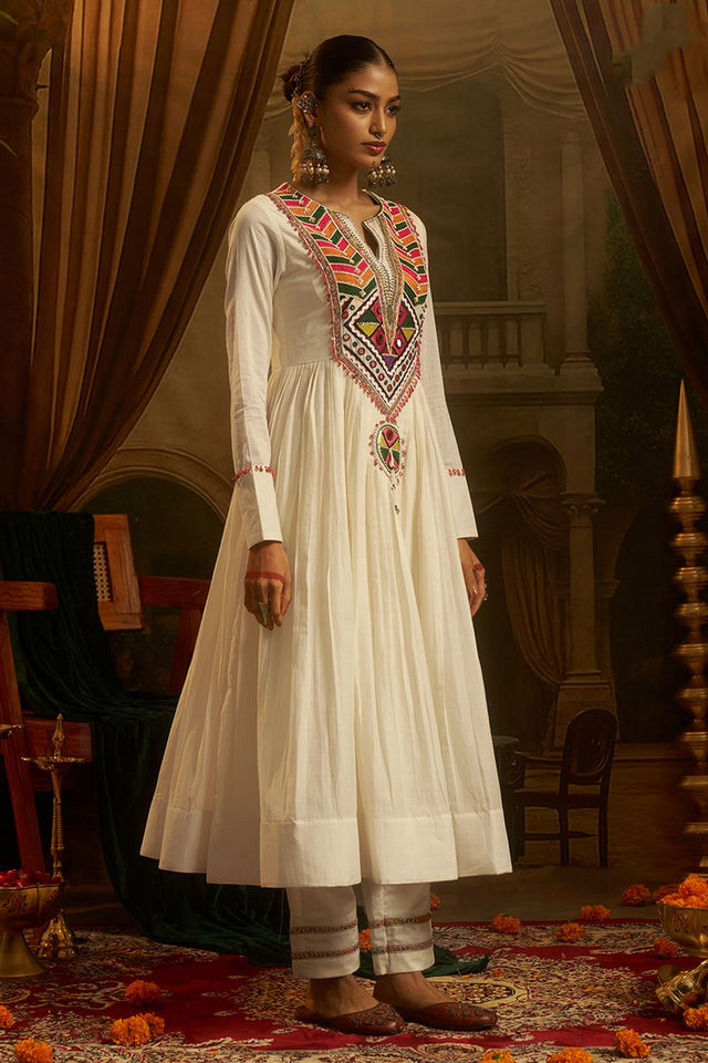 Off White Embroidered Cotton Anarkali Suit (ACB1349)