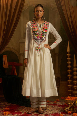 Off White Embroidered Cotton Anarkali Suit (ACB1349)