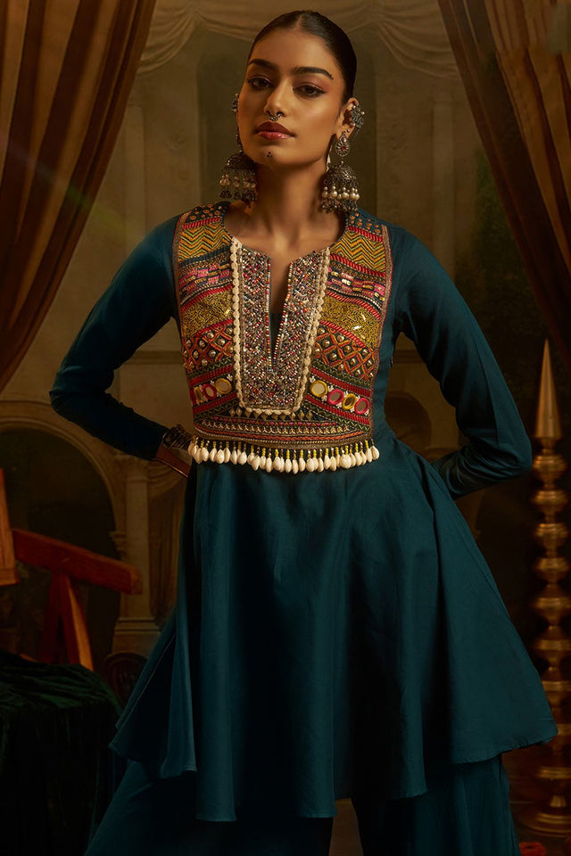 Turquoise Embroidered Cotton Anarkali Suit (ACB1350)