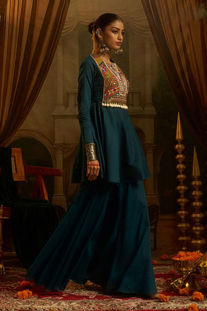 Turquoise Embroidered Cotton Anarkali Suit (ACB1350)