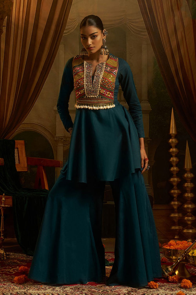 Turquoise Embroidered Cotton Anarkali Suit (ACB1350)