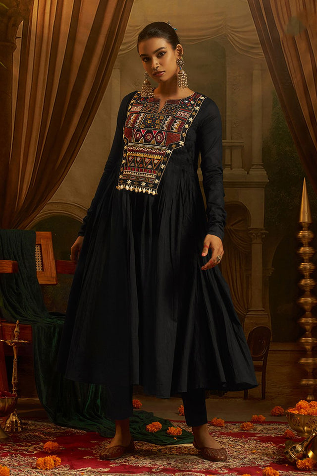 Black Embroidered Cotton Anarkali Suit (ACB1351)