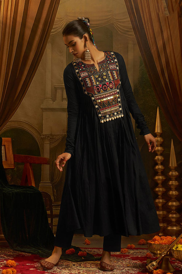 Black Embroidered Cotton Anarkali Suit (ACB1351)