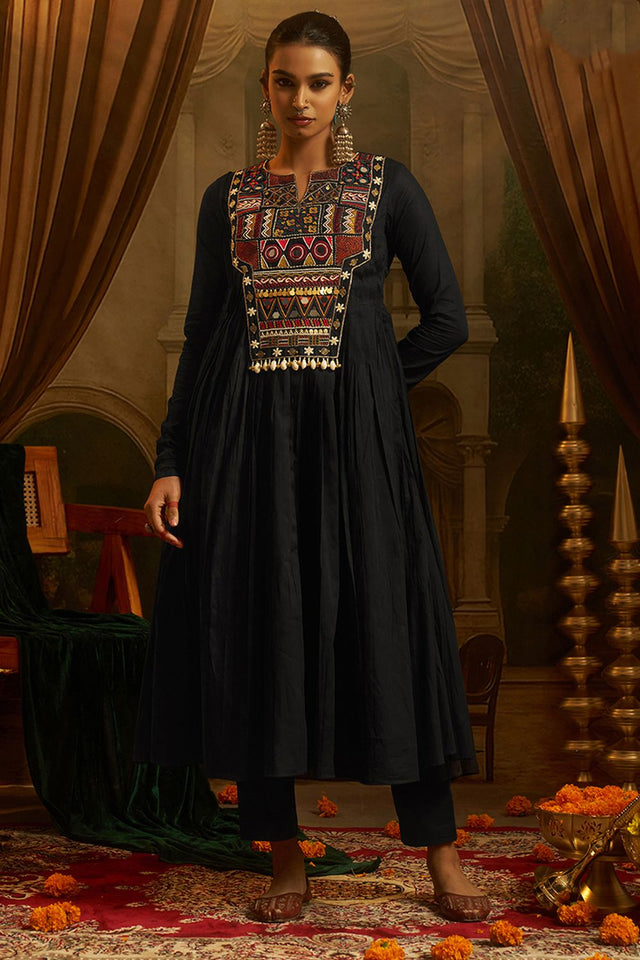 Black Embroidered Cotton Anarkali Suit (ACB1351)