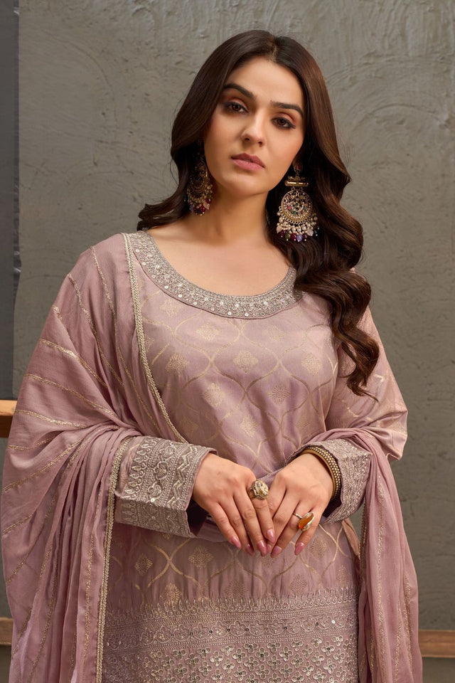 Mauve Heavy Embroidered Viscose Palazzo Suits (ACB1352)