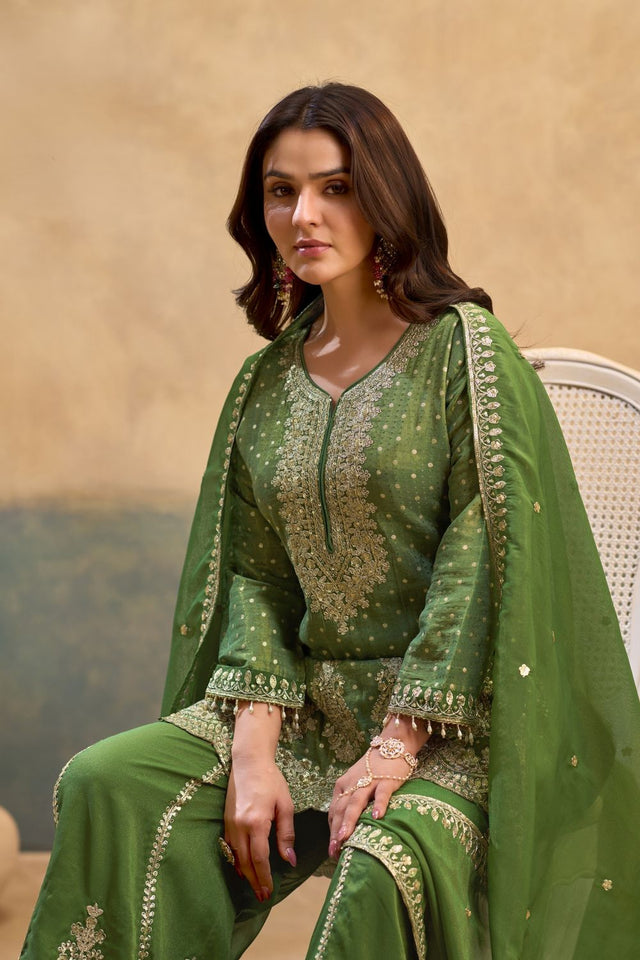 Green Heavy Embroidered Viscose Palazzo Suits (ACB1353)