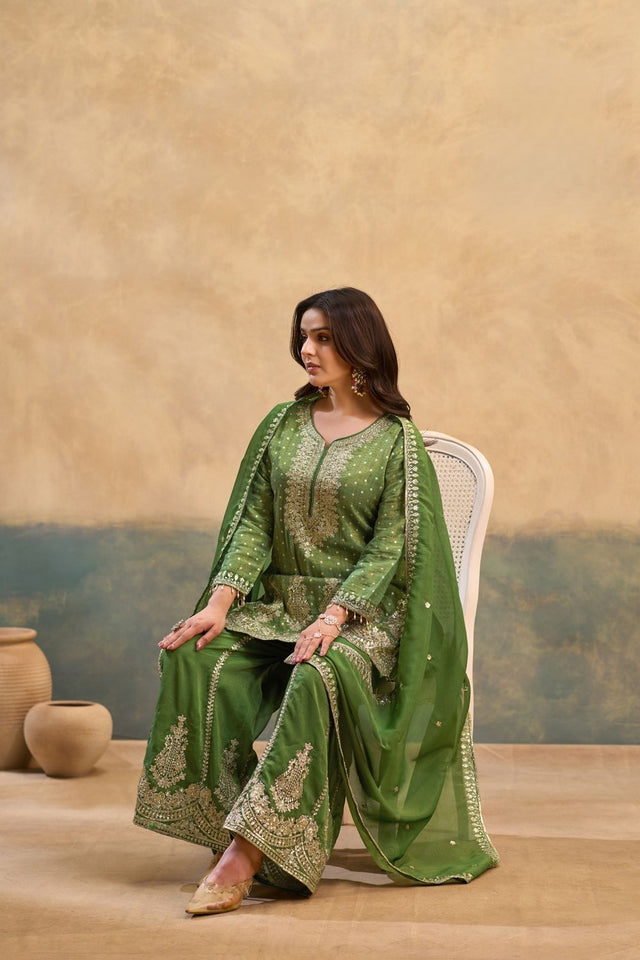 Green Heavy Embroidered Viscose Palazzo Suits (ACB1353)