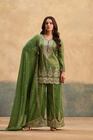 Green Heavy Embroidered Viscose Palazzo Suits (ACB1353)
