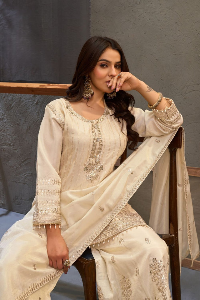 White Heavy Embroidered Viscose Palazzo Suits (ACB1354)
