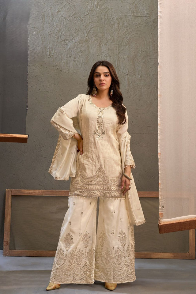 White Heavy Embroidered Viscose Palazzo Suits (ACB1354)