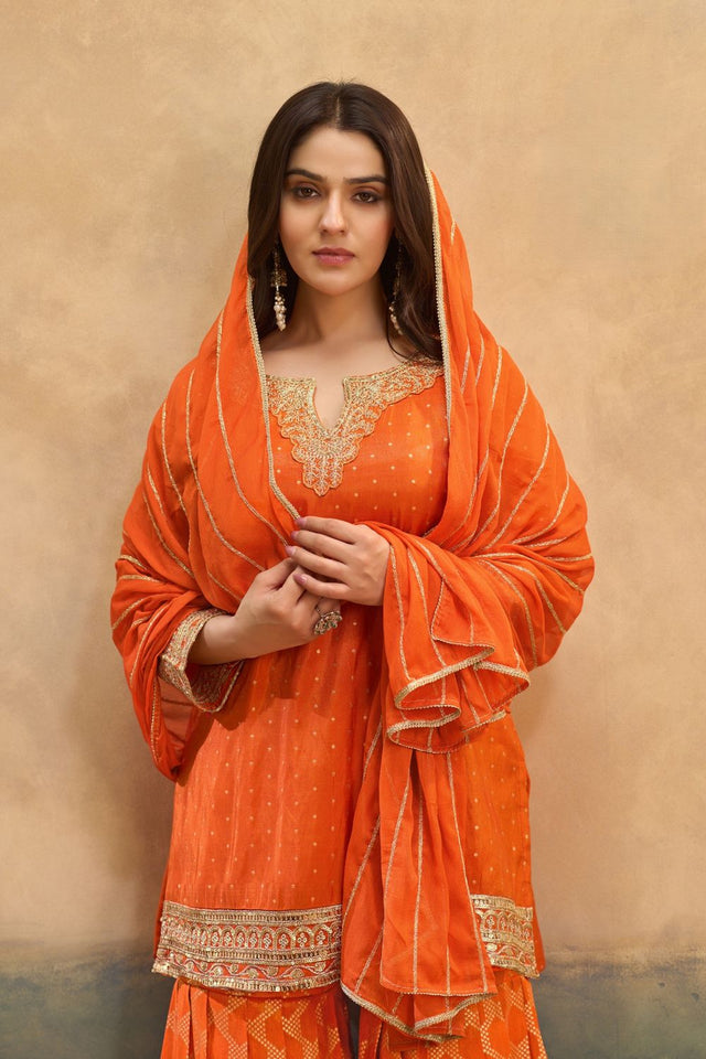 Orange Heavy Embroidered Viscose Palazzo Suits (ACB1355)