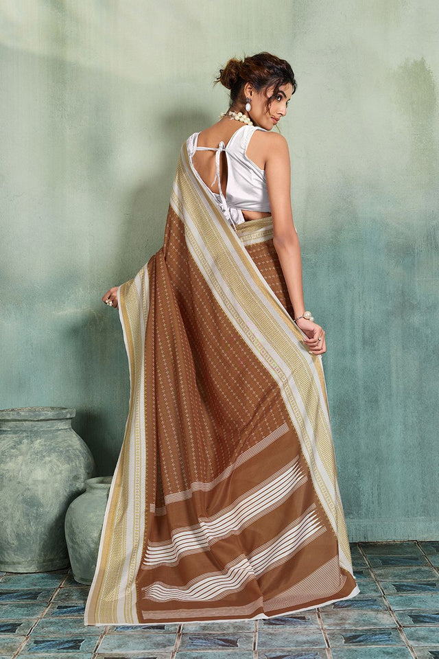 Brown Printed Cotton Saree (ACB1357)