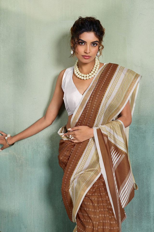 Brown Printed Cotton Saree (ACB1357)