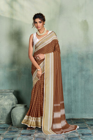 Brown Printed Cotton Saree (ACB1357)