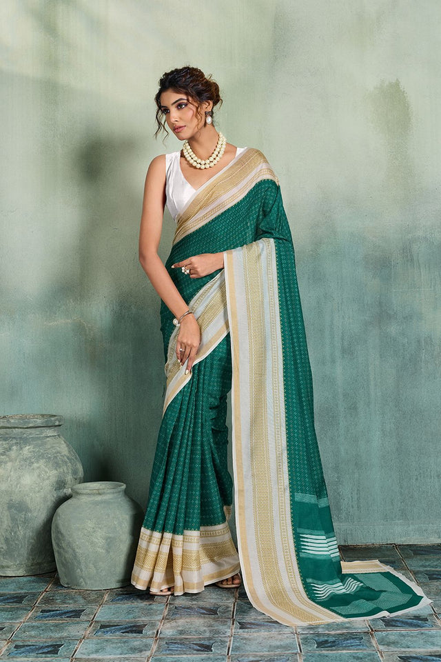 Turquoise Printed Cotton Saree (ACB1358)