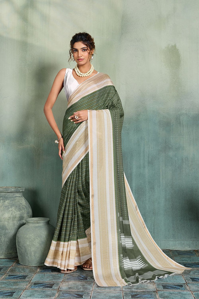 Green Printed Cotton Saree (ACB1359)