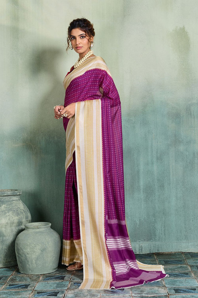 Purple Printed Cotton Saree (ACB1360)