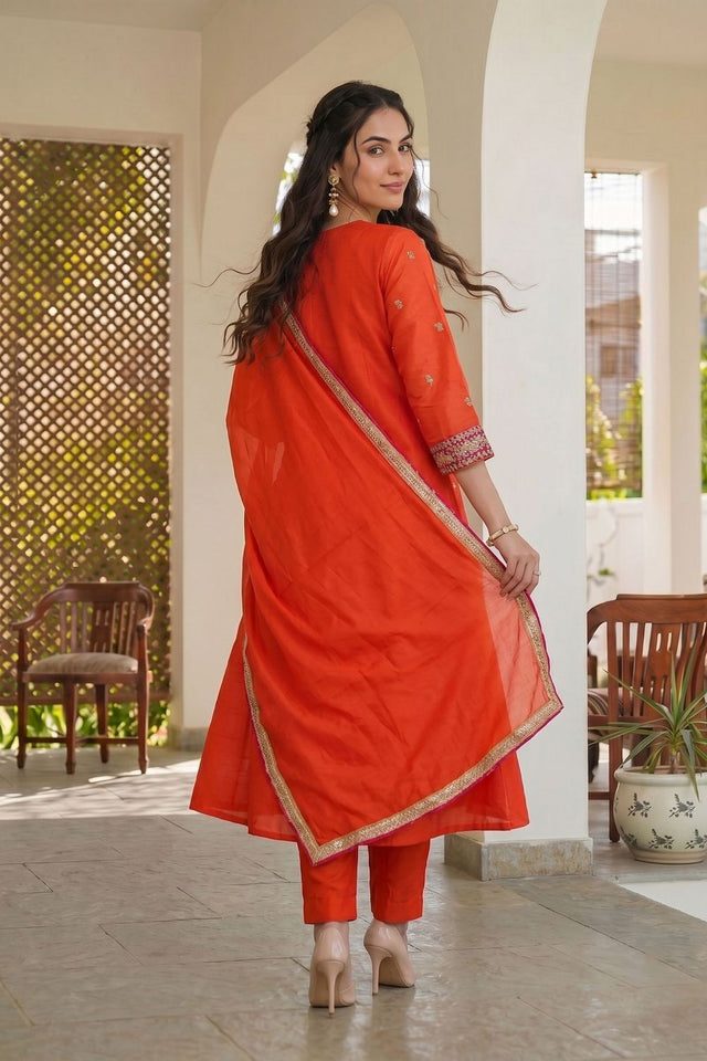 Orange Floral Embroidered Silk Palazzo Suit (ACB1361)