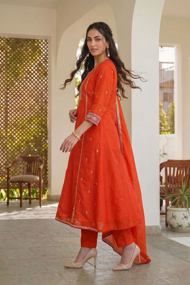Orange Floral Embroidered Silk Palazzo Suit (ACB1361)