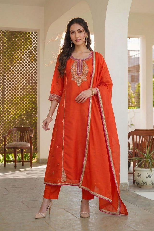 Orange Floral Embroidered Silk Palazzo Suit (ACB1361)